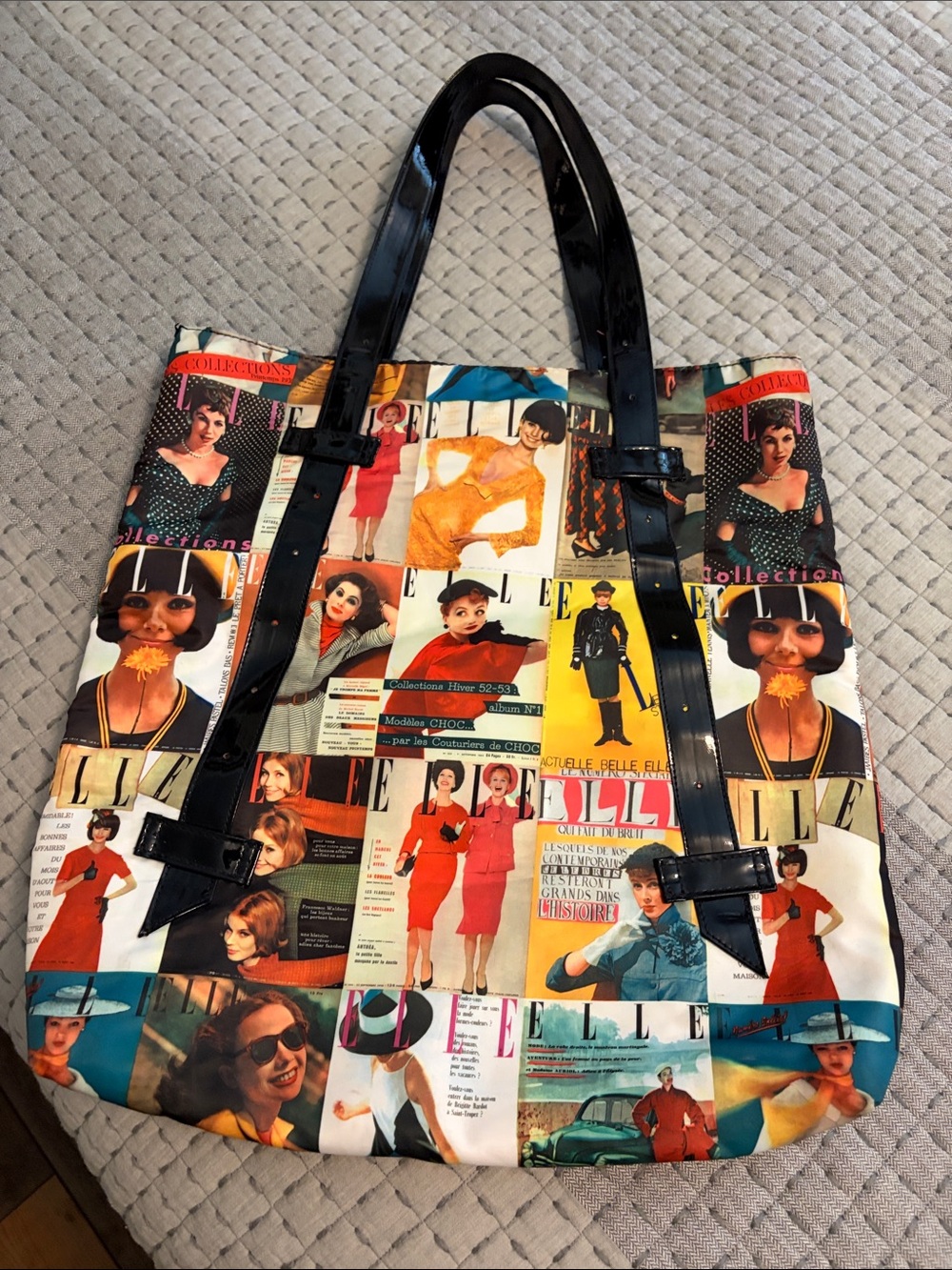 Elle Multicolor Magazine Collage Tote with Black Patent Handles